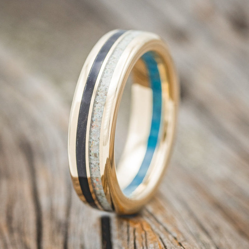 "COSMO" - AFRICAN BLACK WOOD & FIRE AND ICE OPAL WEDDING RING FEATURING A BLUE OPAL LINED 14K GOLD BAND-Staghead Designs