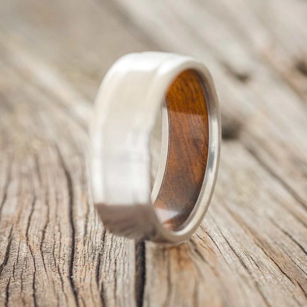 "SEDONA" - RAISED CENTER WEDDING RING WITH AN IRONWOOD LINED BAND - TITANIUM - SIZE 11-Staghead Designs