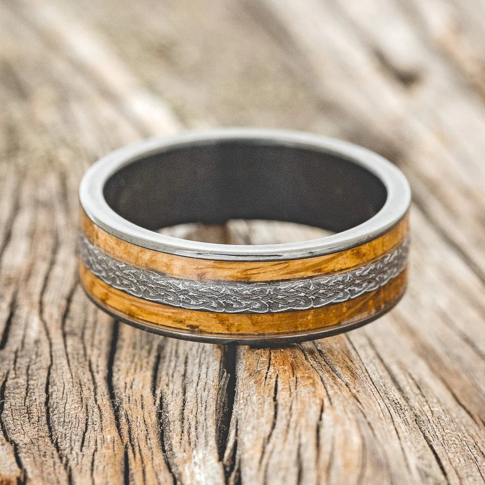 "Ryder" - Celtic Love Knot Engraved Whiskey Barrel Oak Wedding Ring - Black Zirconium (8mm) - Size 10