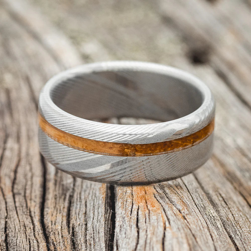 "VERTIGO" - OFFSET WHISKEY BARREL OAK WEDDING BAND - DAMASCUS STEEL - SIZE 9 1/2-Staghead Designs