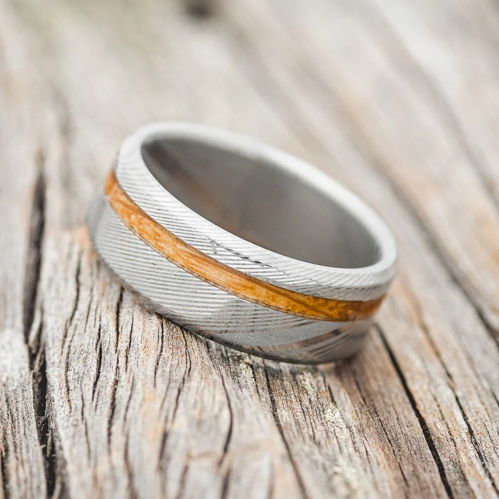"VERTIGO" - OFFSET WHISKEY BARREL OAK WEDDING BAND - DAMASCUS STEEL - SIZE 9 1/2-Staghead Designs