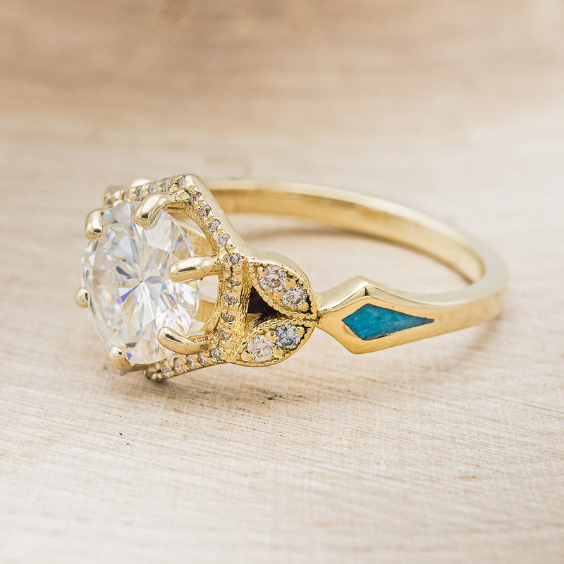 "LUCY IN THE SKY" - ROUND CUT MOISSANITE ENGAGEMENT RING WITH DIAMOND HALO, TURQUOISE INLAYS & DIAMOND TRACER-21