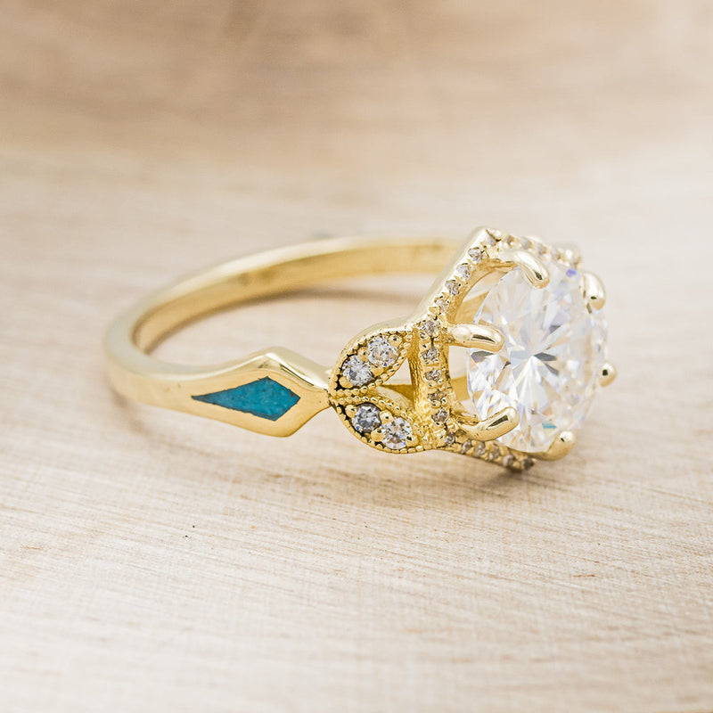 "LUCY IN THE SKY" - ROUND CUT MOISSANITE ENGAGEMENT RING WITH DIAMOND HALO, TURQUOISE INLAYS & DIAMOND TRACER