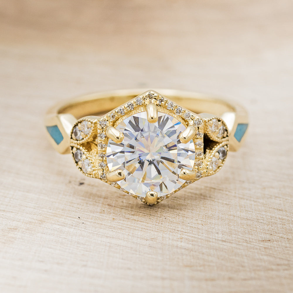 "LUCY IN THE SKY" - ROUND CUT MOISSANITE ENGAGEMENT RING WITH DIAMOND HALO, TURQUOISE INLAYS & DIAMOND TRACER-22