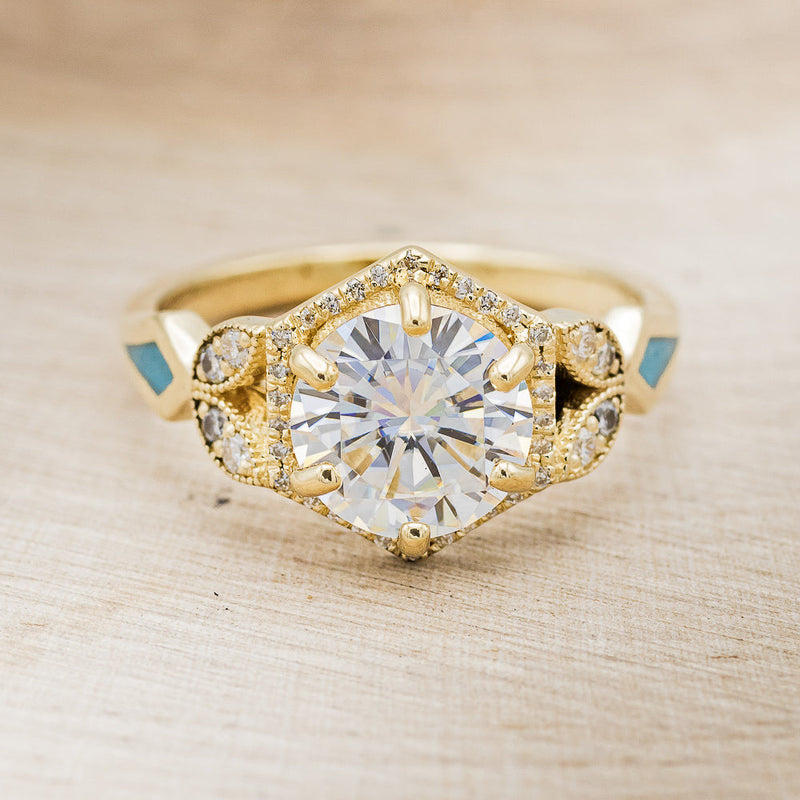 "LUCY IN THE SKY" - ROUND CUT MOISSANITE ENGAGEMENT RING WITH DIAMOND HALO, TURQUOISE INLAYS & DIAMOND TRACER