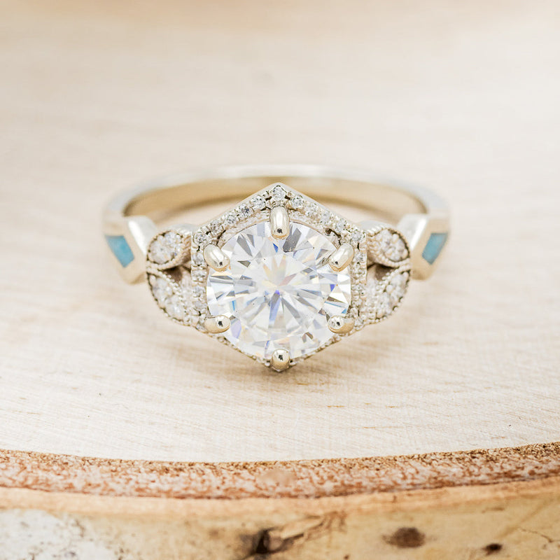 "LUCY IN THE SKY" - ROUND CUT MOISSANITE ENGAGEMENT RING WITH DIAMOND HALO, TURQUOISE INLAYS & DIAMOND TRACER