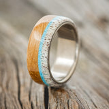 "ARGOS" - WHISKEY BARREL OAK, TURQUOISE & ANTLER WEDDING BAND-1