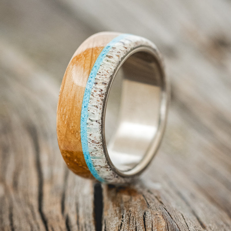 "ARGOS" - WHISKEY BARREL OAK, TURQUOISE & ANTLER WEDDING BAND-1