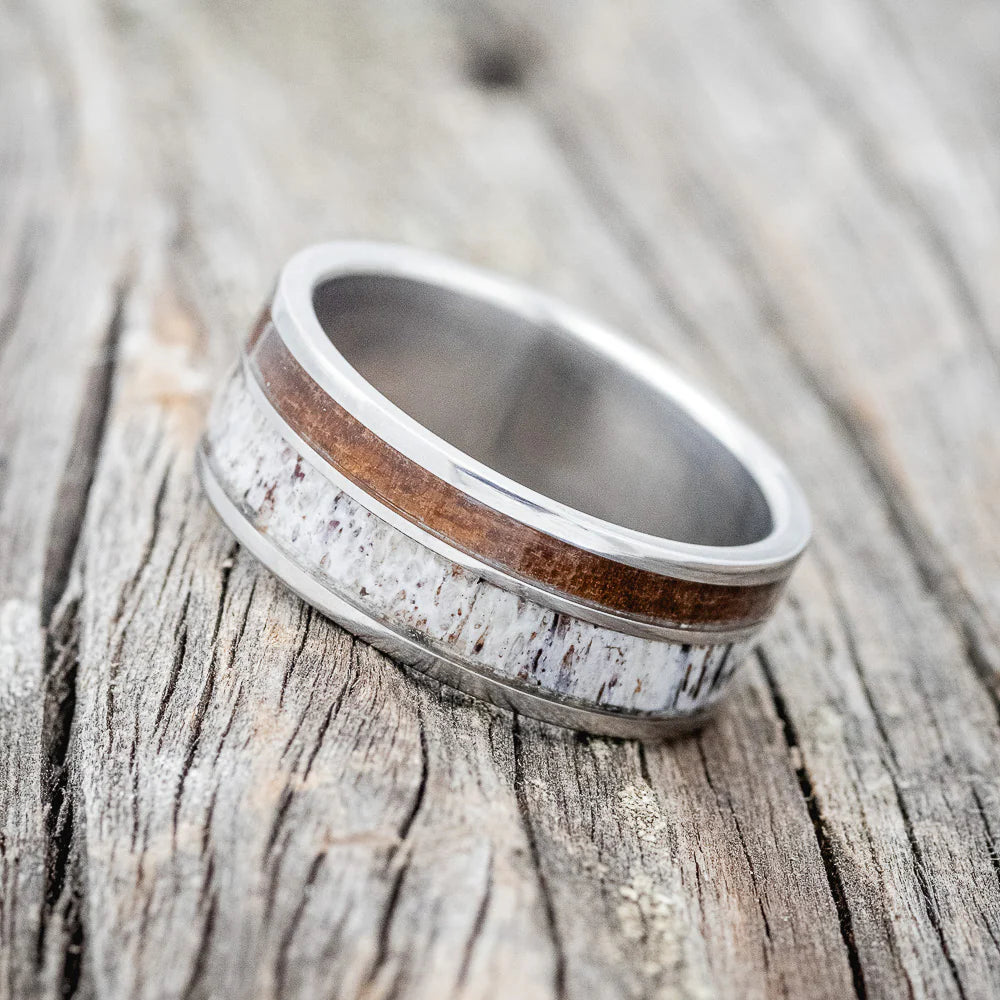 "RAPTOR" - IRONWOOD & ANTLER WEDDING BAND - TITANIUM - SIZE 13-Staghead Designs