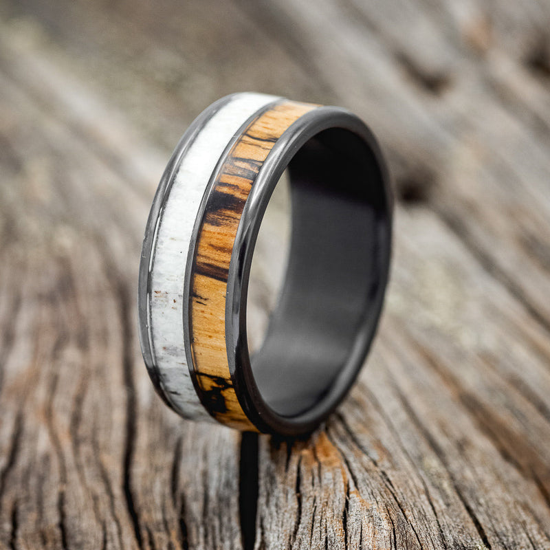 "DYAD" - SPALTED MAPLE & ANTLER WEDDING - BLACK ZIRCONIUM - SIZE 12-1