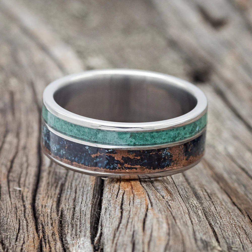 "RAPTOR" - PATINA COPPER & MALACHITE WEDDING BAND - TITANIUM - SIZE 7 1/4-Staghead Designs