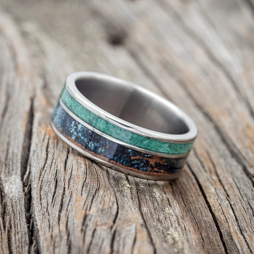"RAPTOR" - PATINA COPPER & MALACHITE WEDDING BAND - TITANIUM - SIZE 7 1/4-Staghead Designs
