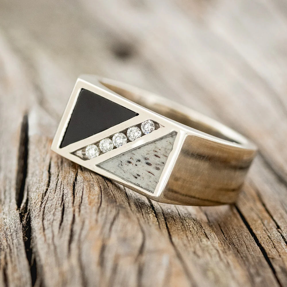 "Alden" - Black Onyx, Antler & Diamond Wedding Band - 14K White Gold (8mm) - Size 11