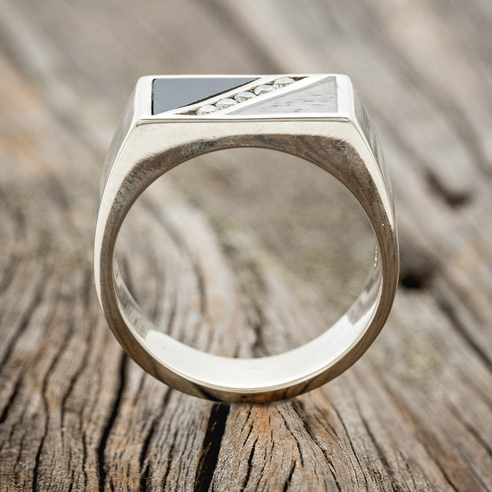 "Alden" - Black Onyx, Antler & Diamond Wedding Band - 14K White Gold (8mm) - Size 11