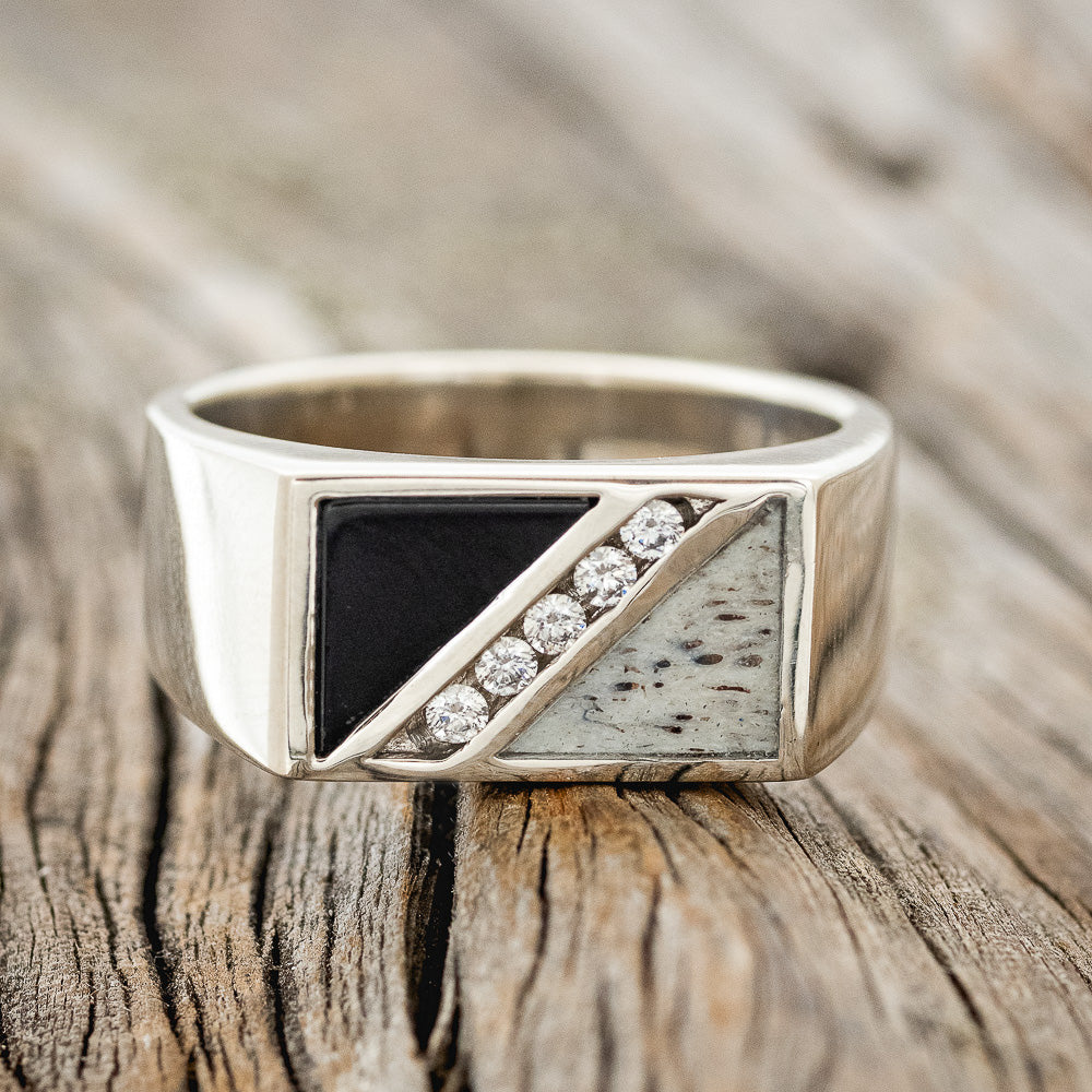 "Alden" - Black Onyx, Antler & Diamond Wedding Band - 14K White Gold (8mm) - Size 11