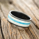 "RAINIER" - ANTLER & TURQUOISE HAMMERED BAND - BLACK ZIRCONIUM - SIZE 10 1/2-3