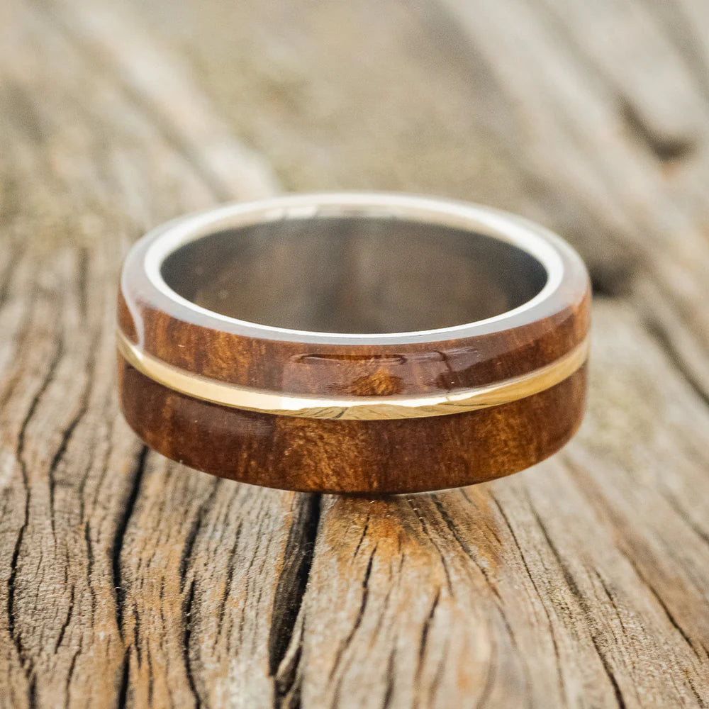 "GOLDEN" - REDWOOD & 14K YELLOW GOLD INLAY WEDDING BAND - TITANIUM - SIZE 8 1/2-Staghead Designs