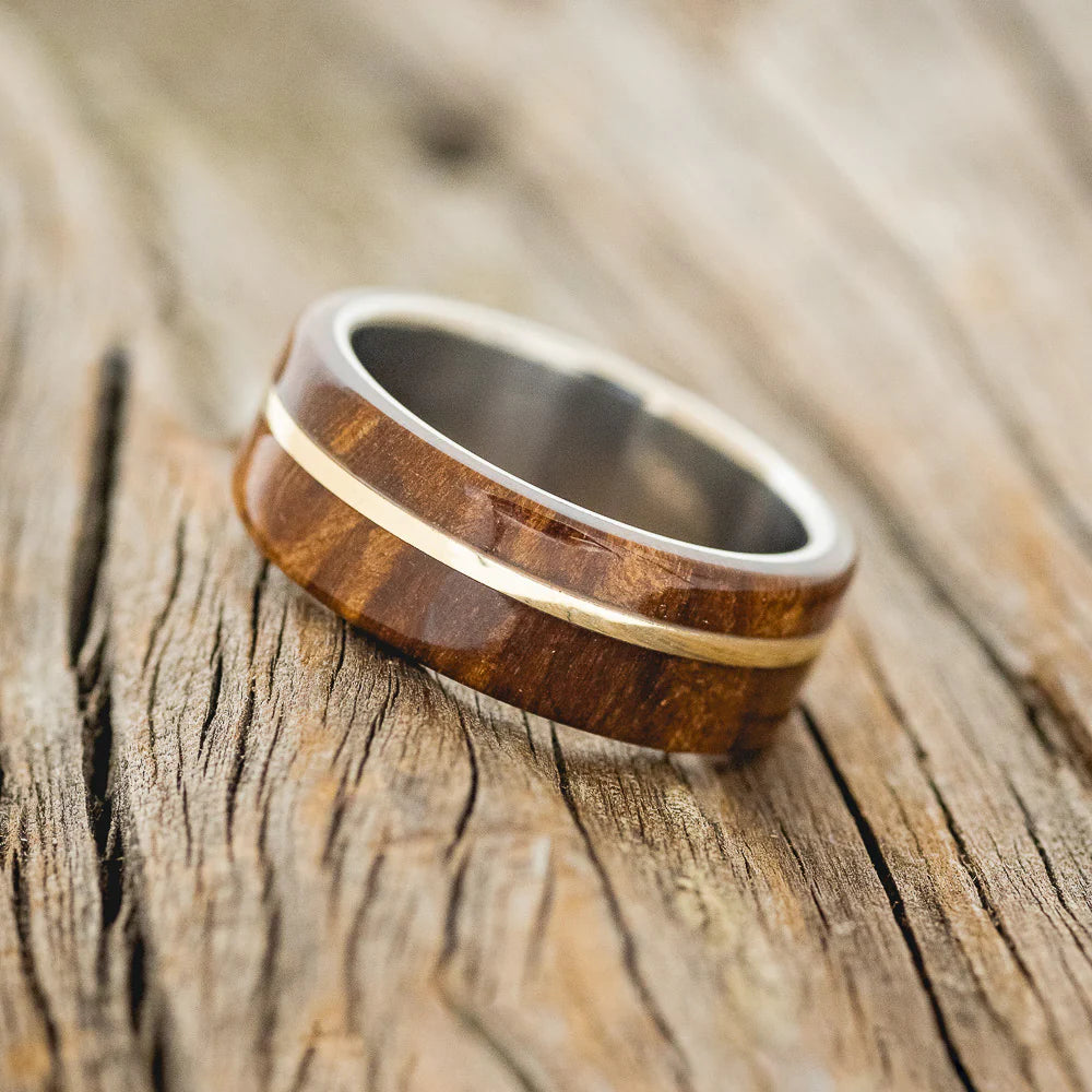 "GOLDEN" - REDWOOD & 14K YELLOW GOLD INLAY WEDDING BAND - TITANIUM - SIZE 8 1/2-Staghead Designs