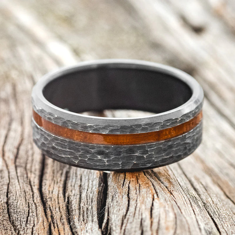 "VERTIGO" - IRONWOOD WEDDING BAND WITH HAMMERED FINISH - BLACK ZIRCONIUM - SIZE 12-2