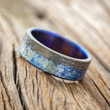 PHOTO SHOOT FIRE-TREATED TITANIUM WEDDING RING WITH BLACK ZIRCONIUM OVERLAY & HAMMERED FINISH - TITANIUM - SIZE 7-3