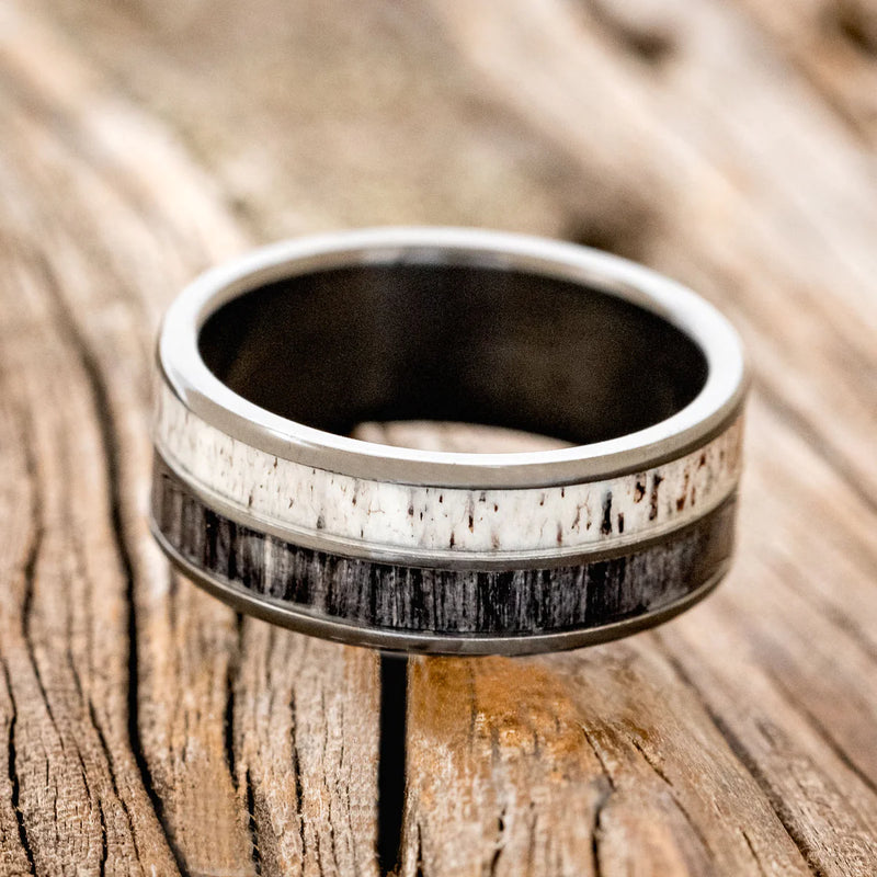 "DYAD" - ANTLER & GREY BIRCH WOOD WEDDING BAND - BLACK ZIRCONIUM - SIZE 10-3