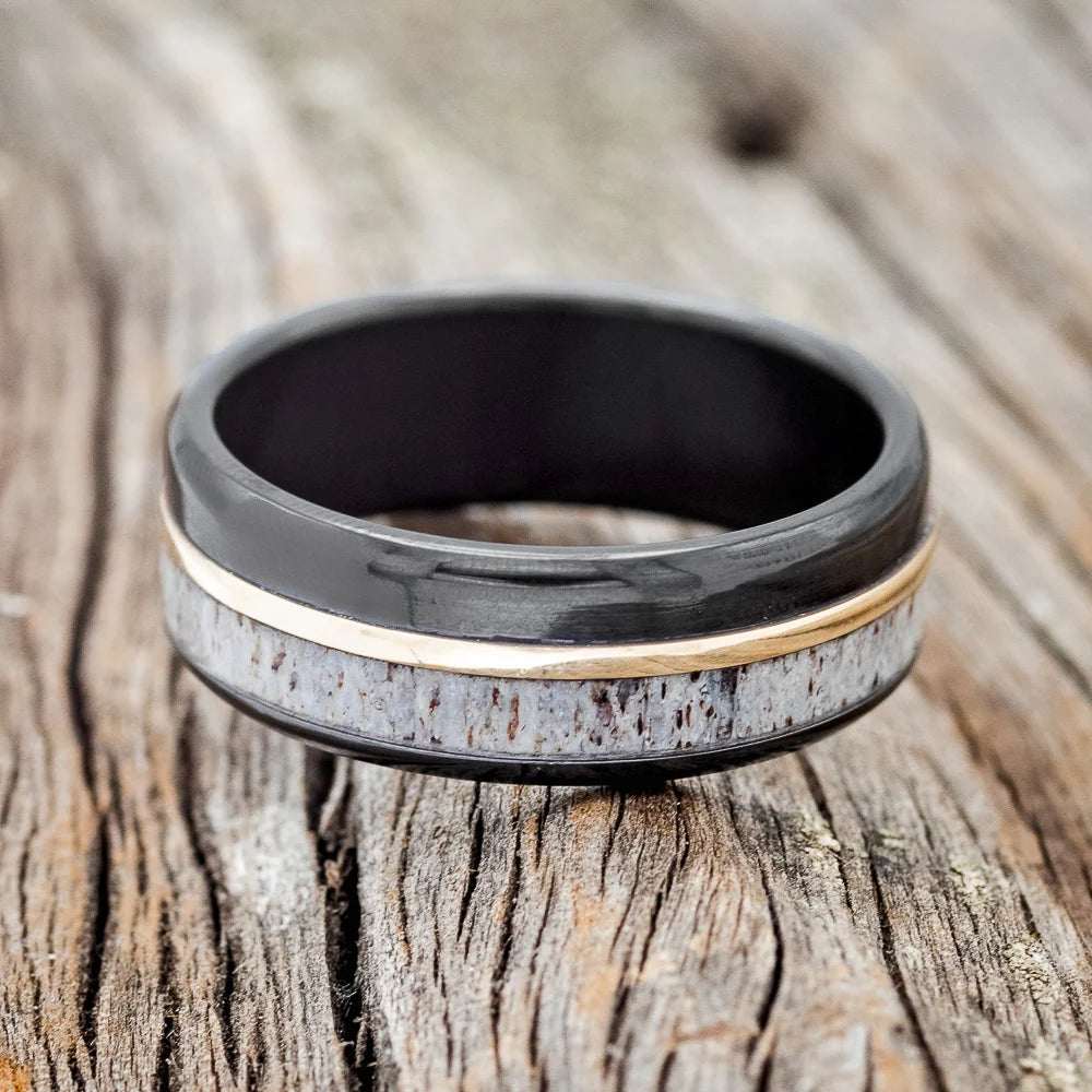 "Tanner" - Antler & 14K Yellow Gold Inlay Wedding Ring With A Polished Finish - Black Zirconium (8mm) - Size 9