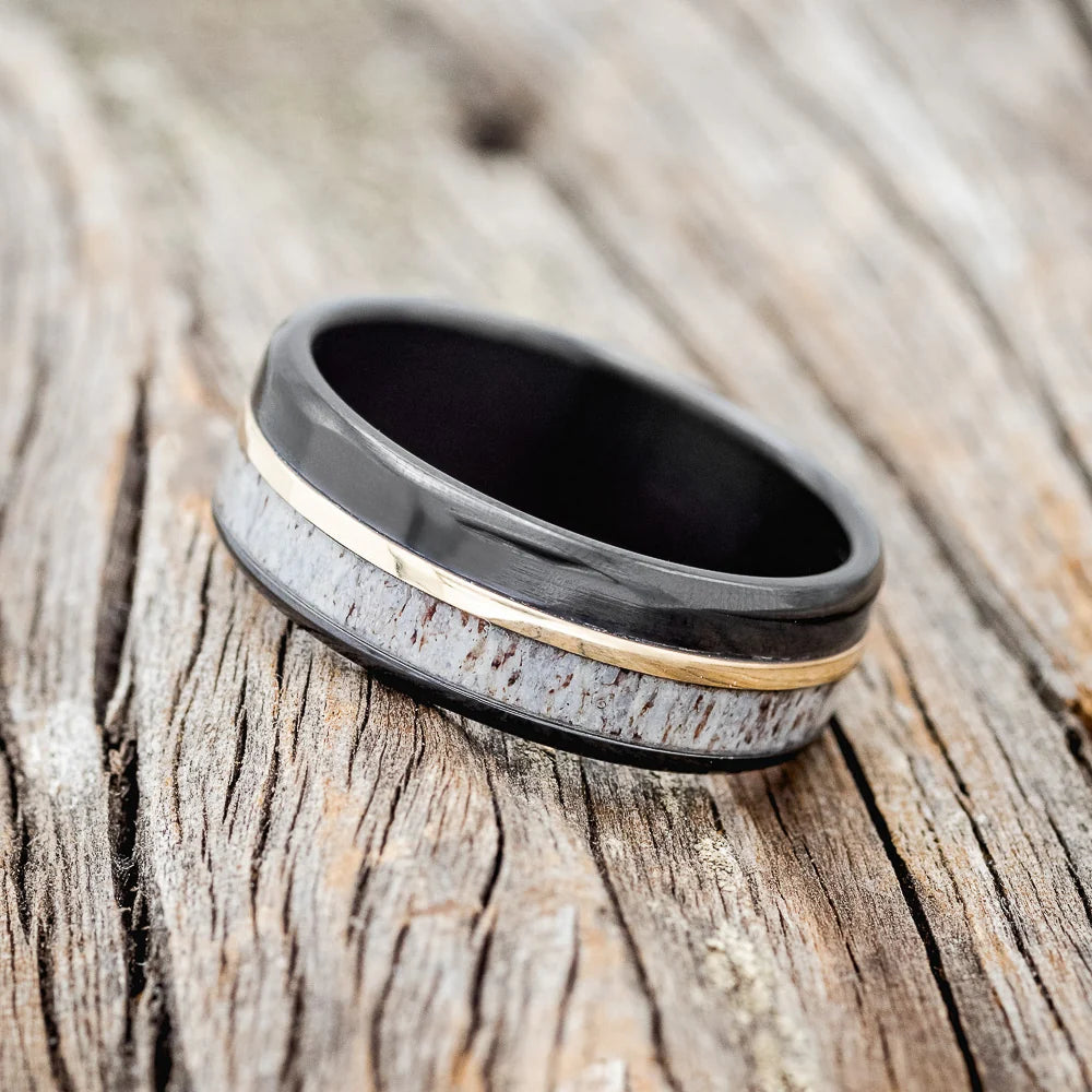 "Tanner" - Antler & 14K Yellow Gold Inlay Wedding Ring With A Polished Finish - Black Zirconium (8mm) - Size 9