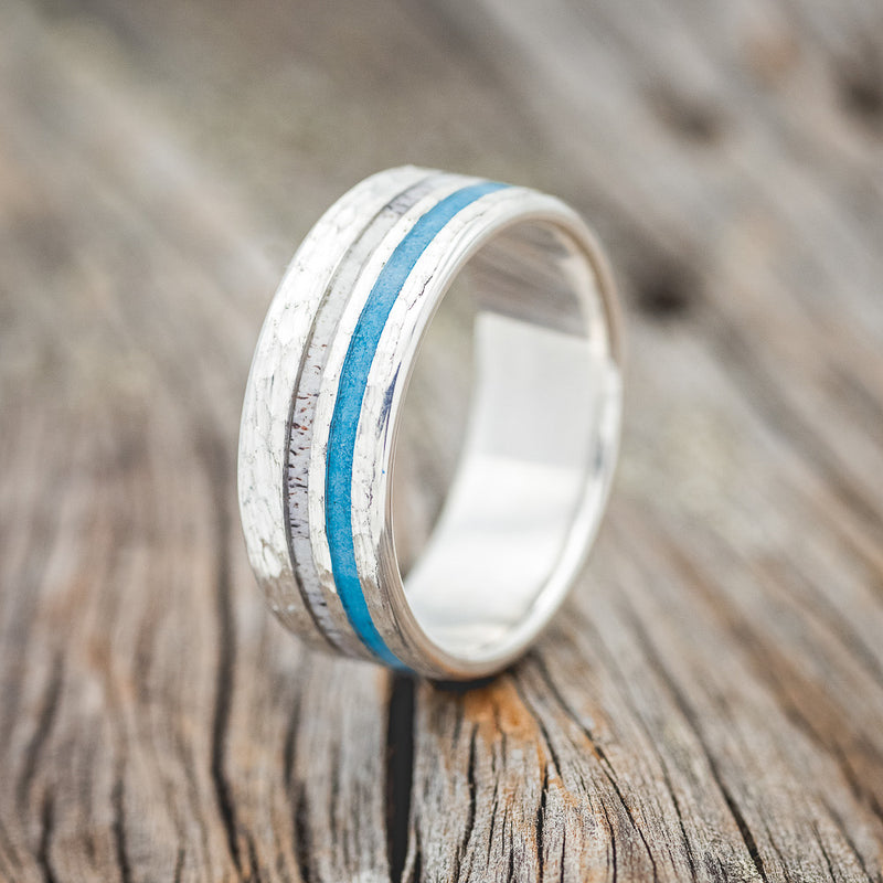 "COSMO" - ANTLER & TURQUOISE WEDDING RING WITH A HAMMERED FINISH - SILVER - SIZE 10