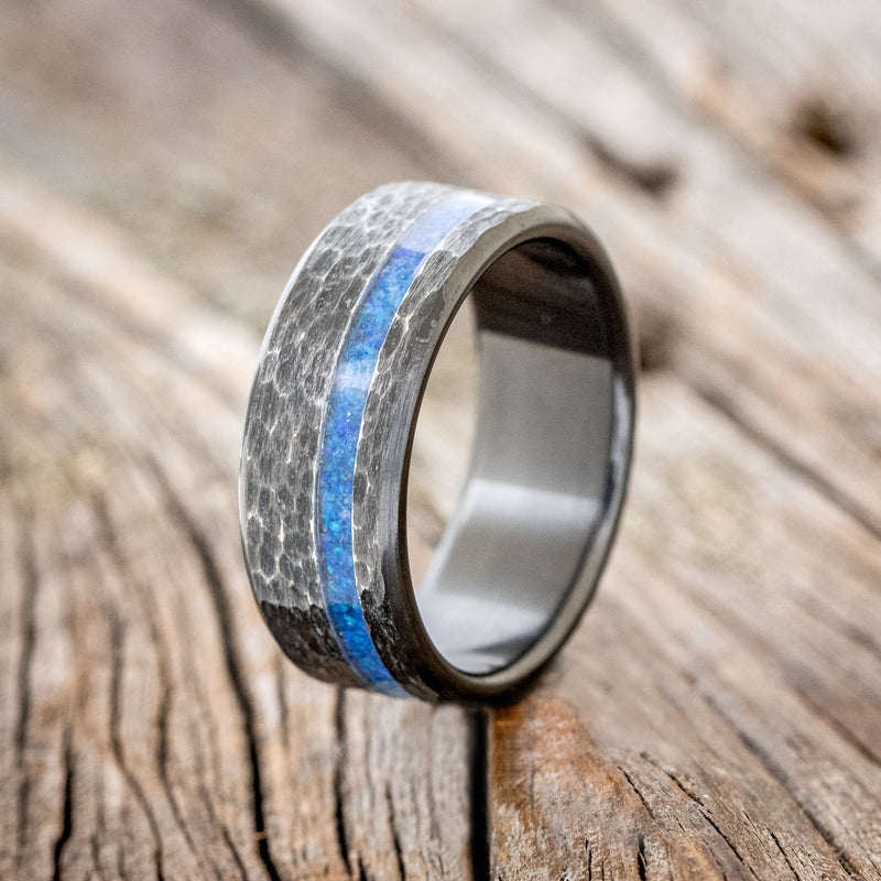 "VERTIGO" - BLUE OPAL INLAY WEDDING BAND - READY TO SHIP