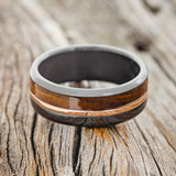 "TANNER" - IRONWOOD & 14K ROSE GOLD INLAY WEDDING RING - BLACK ZIRCONIUM - SIZE 7 1/4-2