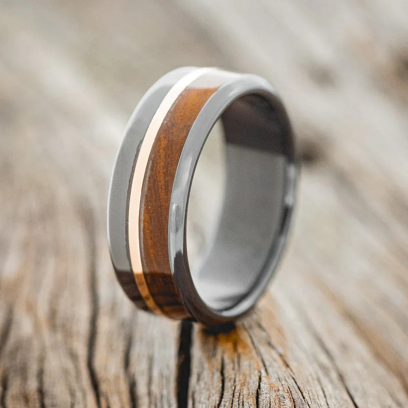 "TANNER" - IRONWOOD & 14K ROSE GOLD INLAY WEDDING RING - BLACK ZIRCONIUM - SIZE 7 1/4-1