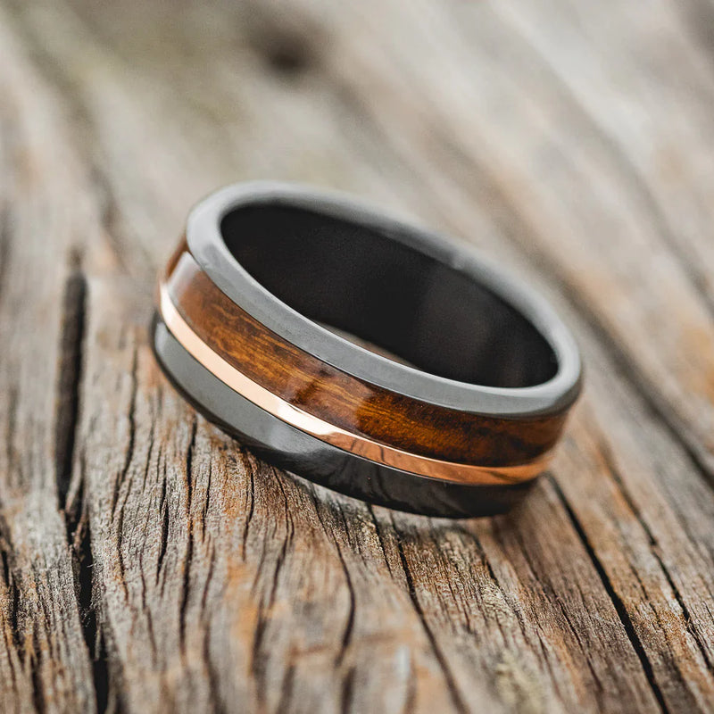 "TANNER" - IRONWOOD & 14K ROSE GOLD INLAY WEDDING RING - BLACK ZIRCONIUM - SIZE 7 1/4-3