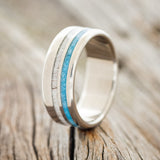 "COSMO" - ANTLER & TURQUOISE WEDDING BAND - TITANIUM - SIZE 8-1