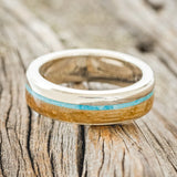 "EZRA" - TURQUOISE & WHISKEY BARREL OAK WEDDING RING - 14K WHITE GOLD(6MM) - SIZE 9 1/2-2