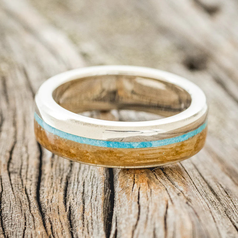 "EZRA" - TURQUOISE & WHISKEY BARREL OAK WEDDING RING - 14K WHITE GOLD(6MM) - SIZE 9 1/2-2