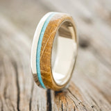 "EZRA" - TURQUOISE & WHISKEY BARREL OAK WEDDING RING - 14K WHITE GOLD(6MM) - SIZE 9 1/2-1