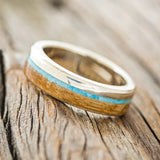 "EZRA" - TURQUOISE & WHISKEY BARREL OAK WEDDING RING - 14K WHITE GOLD(6MM) - SIZE 9 1/2-3