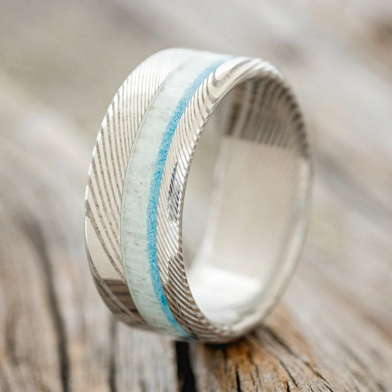 "Castor" - Offset Antler & Turquoise Wedding Ring - Damascus Steel (8mm) - Size 8 3/4