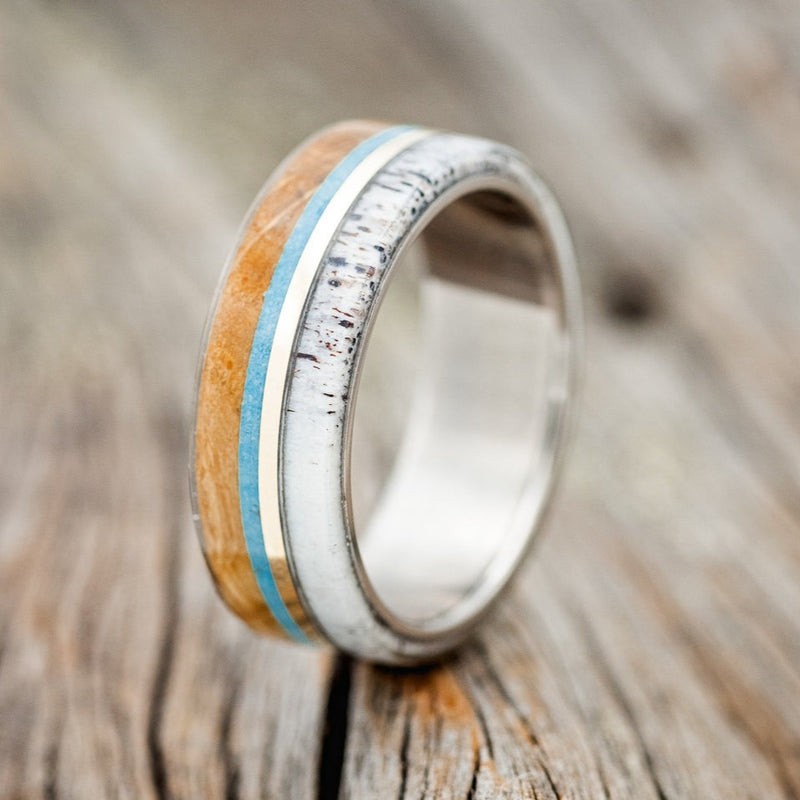 "ARGOS" - WHISKEY BARREL OAK, TURQUOISE, ANTLER & 14K GOLD INLAY WEDDING BAND-1