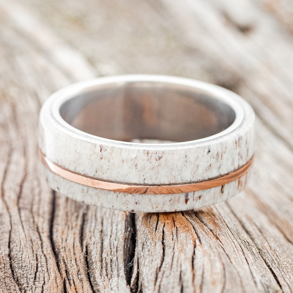 "GOLDEN" - ELK ANTLER & 14K ROSE GOLD INLAY WEDDING BAND - TITANIUM - SIZE 11 1/2-6