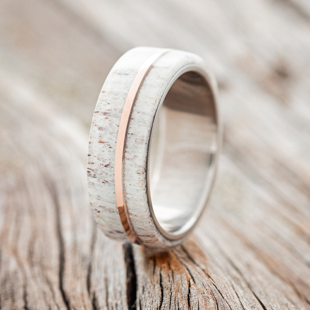 "GOLDEN" - ELK ANTLER & 14K ROSE GOLD INLAY WEDDING BAND - TITANIUM - SIZE 11 1/2-4