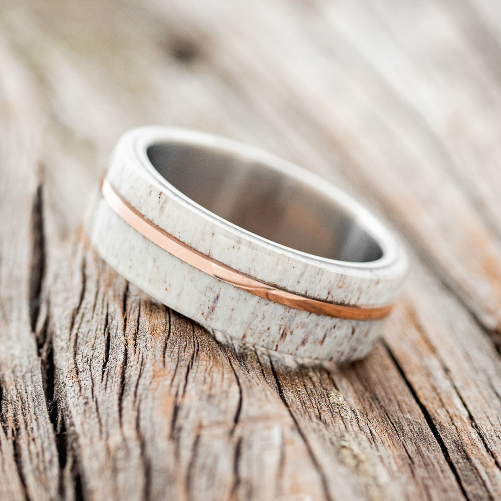 "GOLDEN" - ELK ANTLER & 14K ROSE GOLD INLAY WEDDING BAND - TITANIUM - SIZE 11 1/2-5