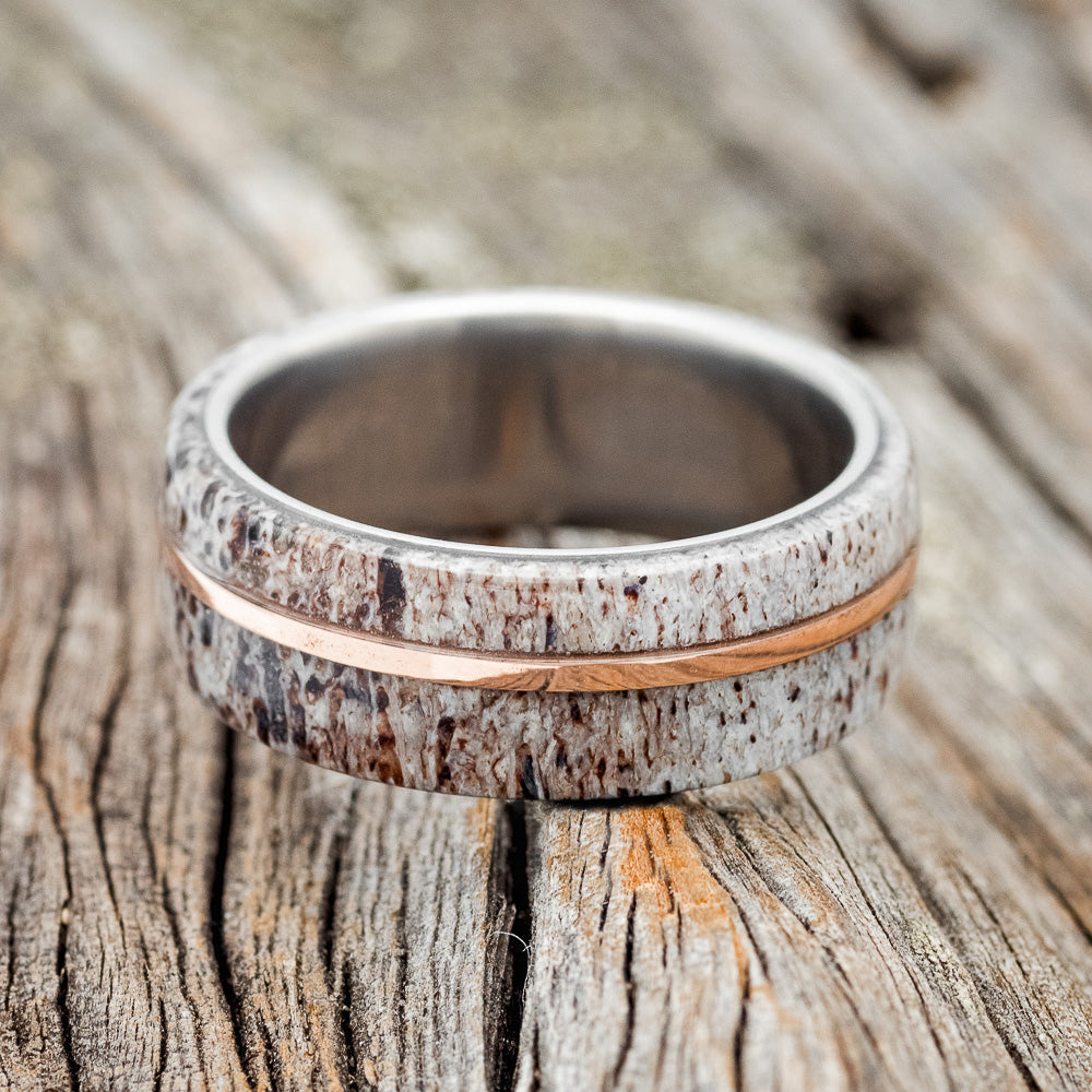 "GOLDEN" - ELK ANTLER & 14K ROSE GOLD INLAY WEDDING BAND - TITANIUM - SIZE 11 1/2-3