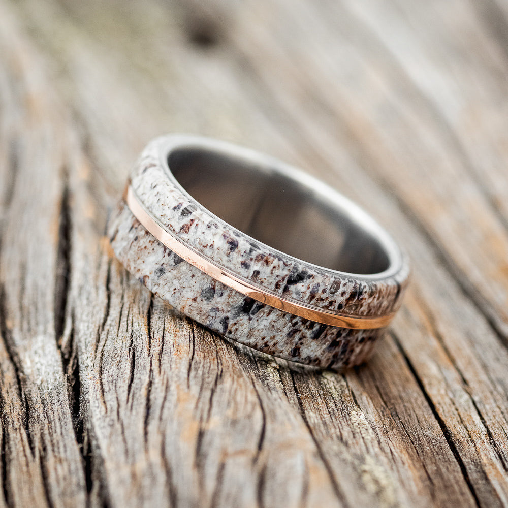 "GOLDEN" - ELK ANTLER & 14K ROSE GOLD INLAY WEDDING BAND - TITANIUM - SIZE 11 1/2-2