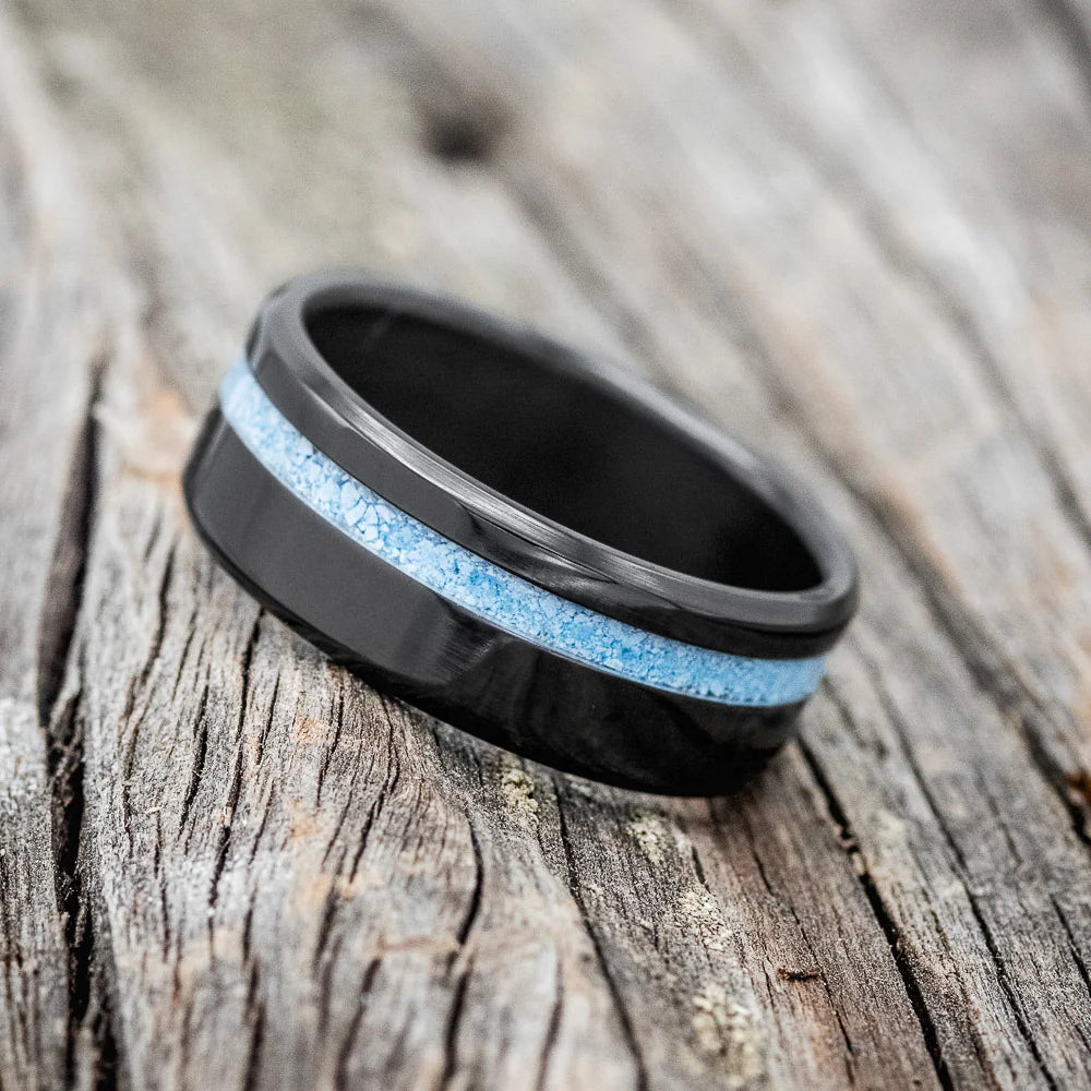 "VERTIGO" - TURQUOISE INLAY WEDDING BAND - BLACK ZIRCONIUM - SIZE 11-Staghead Designs