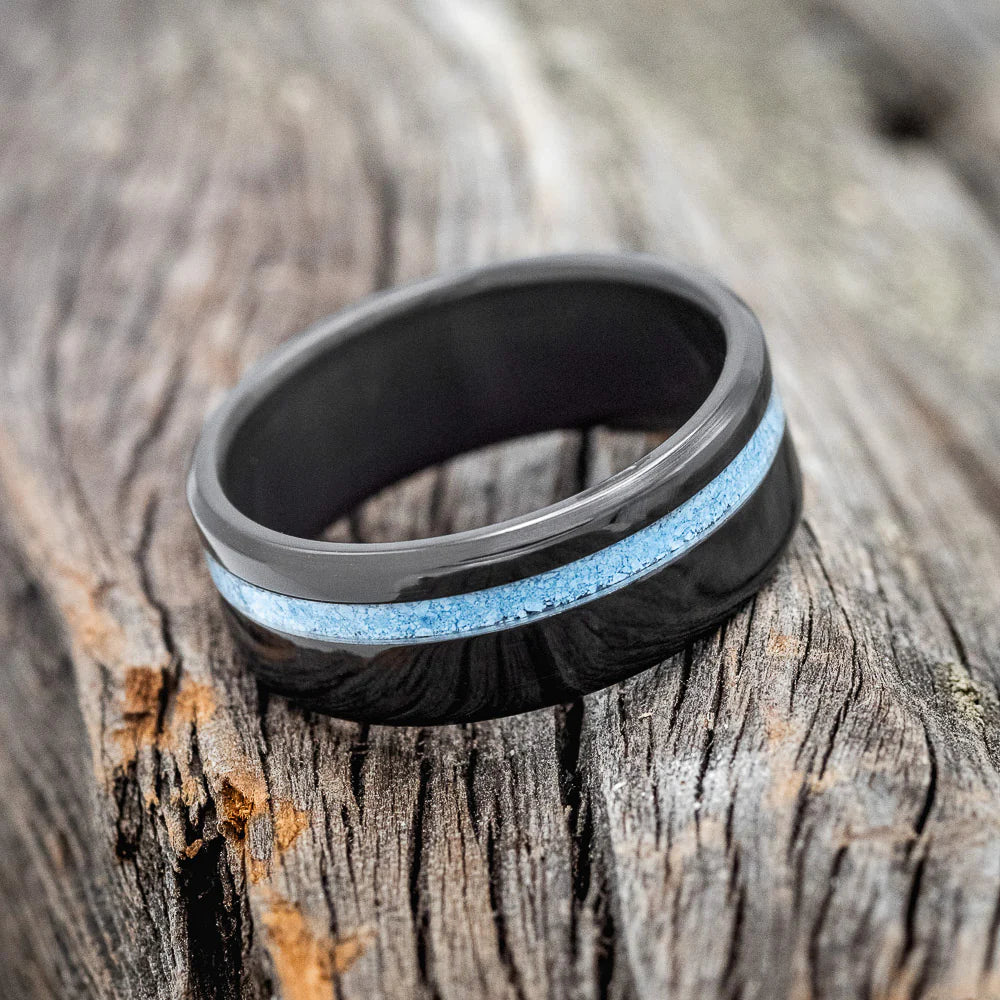 "VERTIGO" - TURQUOISE INLAY WEDDING BAND - BLACK ZIRCONIUM - SIZE 11-Staghead Designs