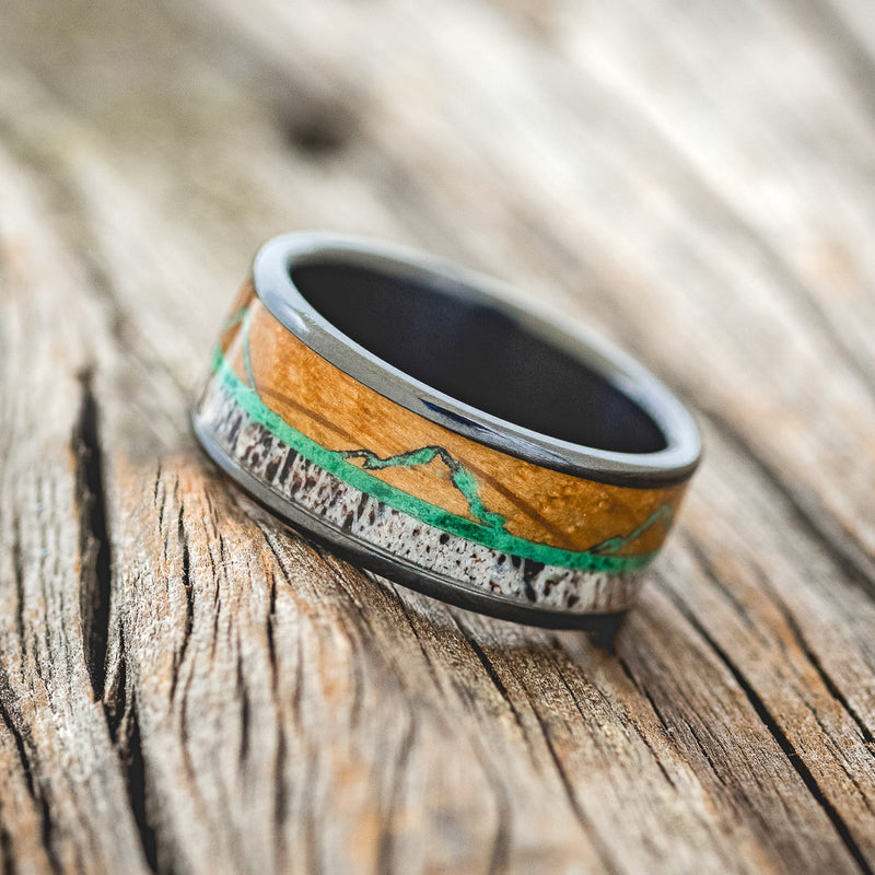 "THE EXPEDITION" - MOUNTAIN ENGRAVED WEDDING RING WITH ANTLER INLAY-Staghead Designs