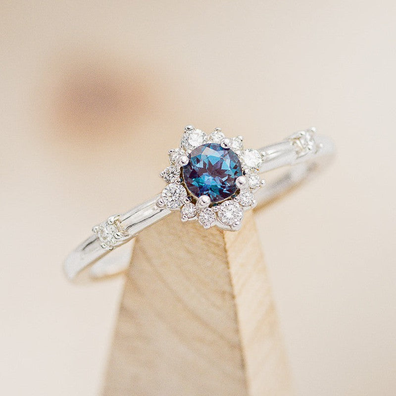 "STARLA" - ROUND CUT LAB-GROWN ALEXANDRITE ENGAGEMENT RING WITH STARBURST DIAMOND HALO-1