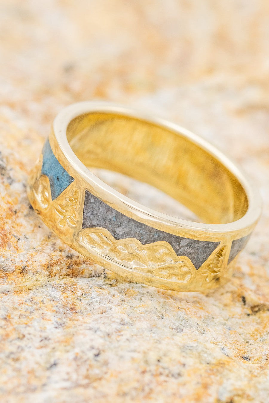 "SUMMIT" - MOUNTAIN RANGE ENGRAVED RING WITH TURQUOISE & LARIMAR INLAYS-1