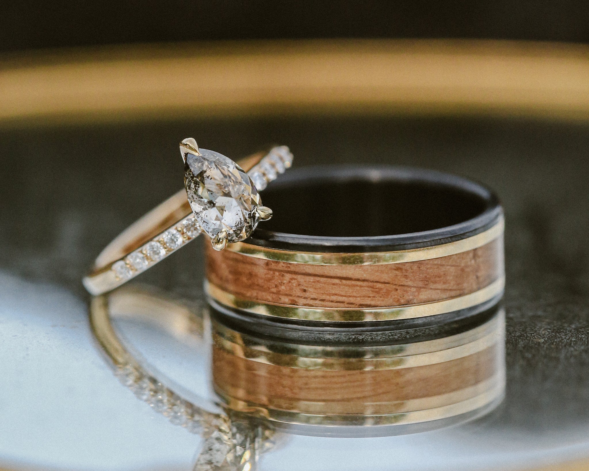 "HOLLIS" - WHISKEY BARREL & 14K GOLD INLAYS WEDDING RING-Staghead Designs